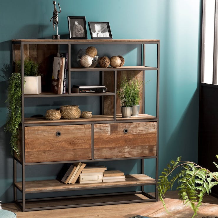 Wooden and metal shelving unit with drawers and decor