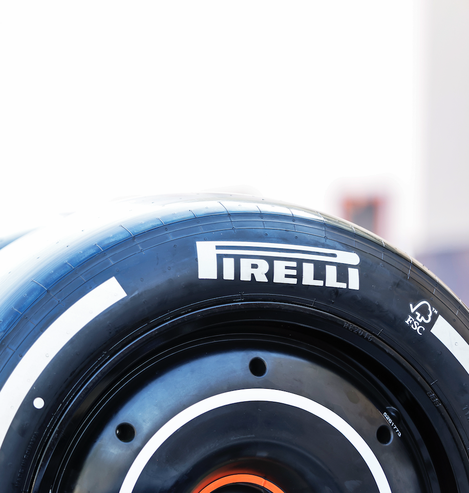 closeup of Pirelly F1 tyre with fsc logo