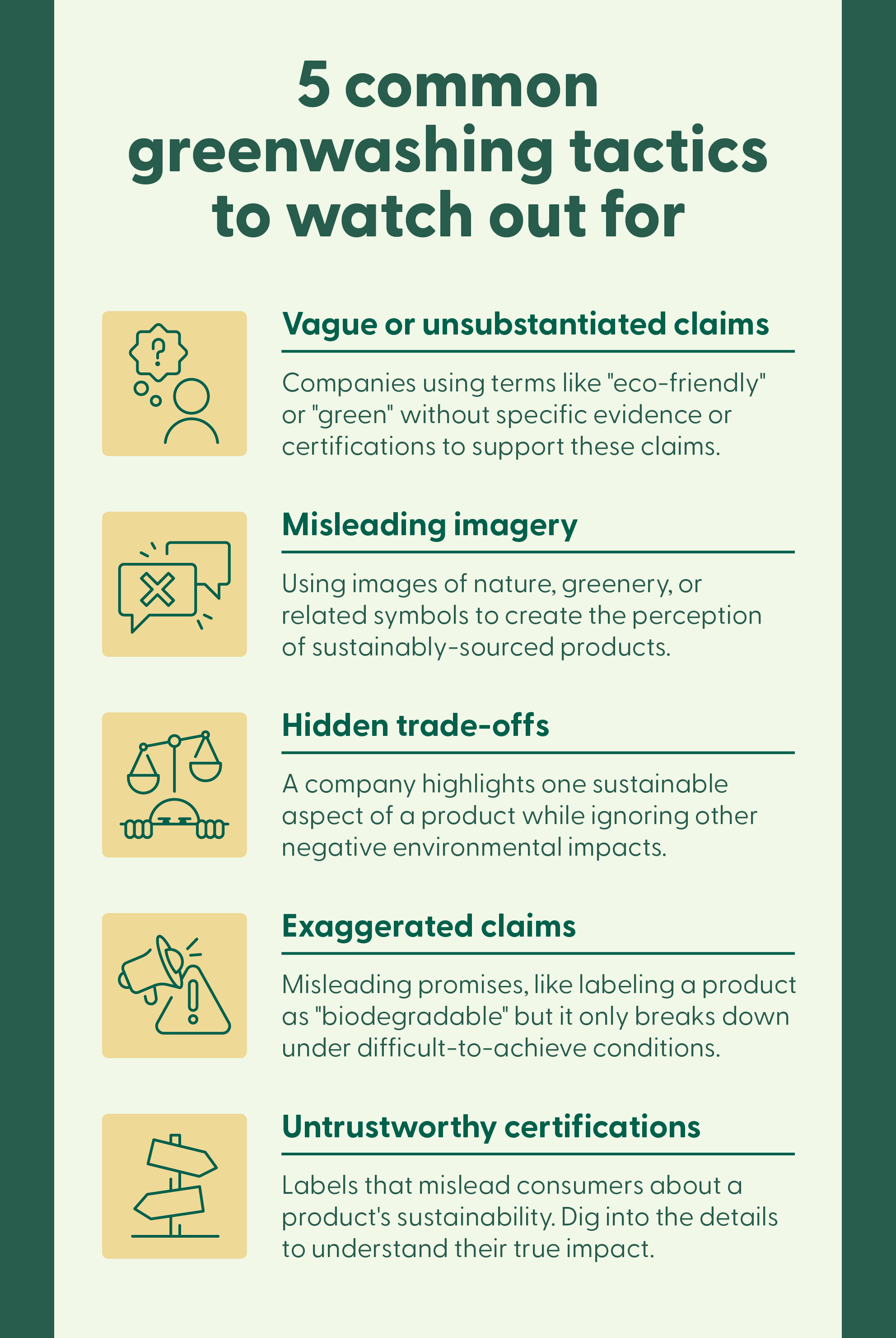 A graphic highlights 5 common greenwashing tactics consumers should watch out for.