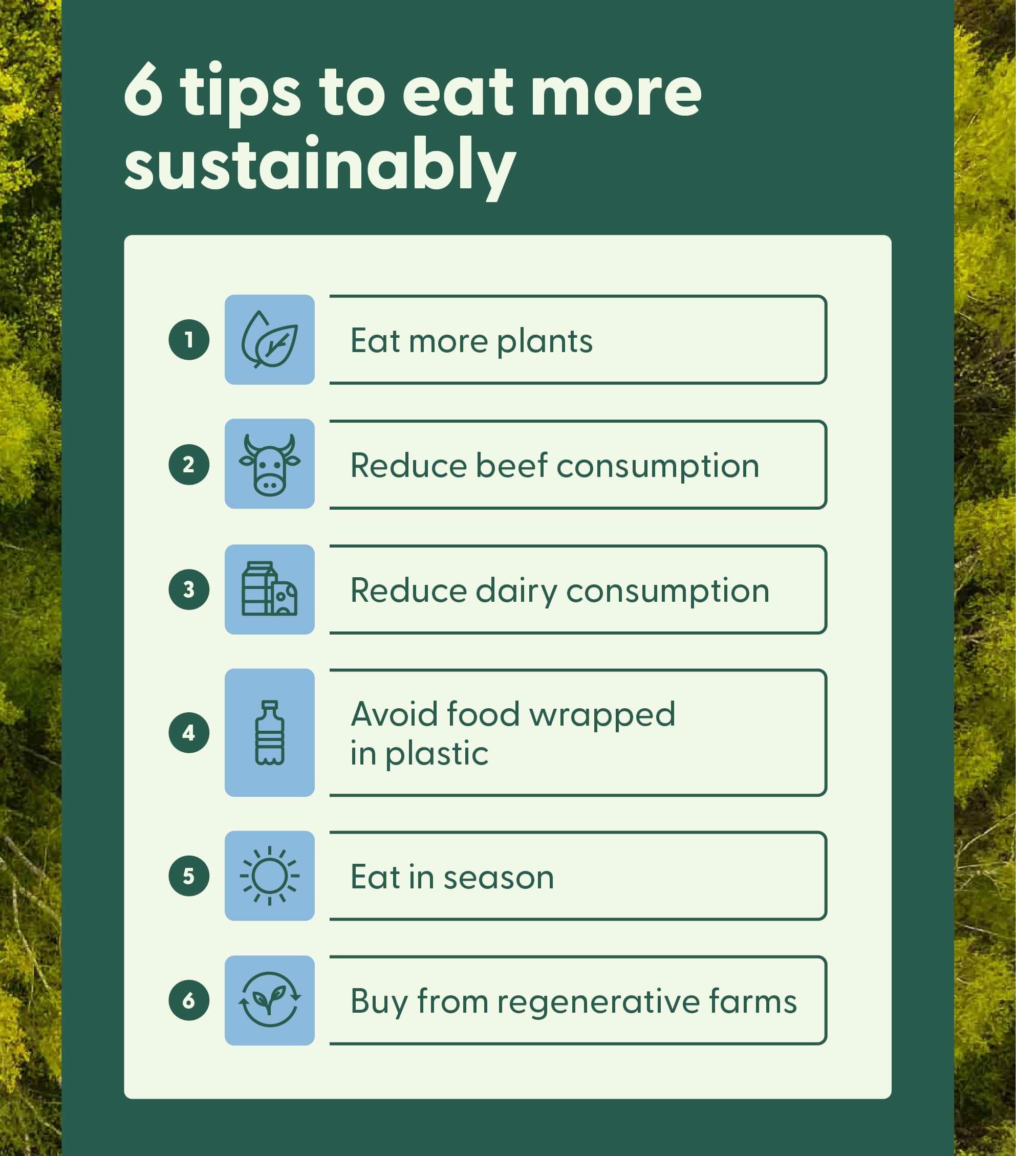 Illustration of deforestation solutions with six tips to eat more sustainably.