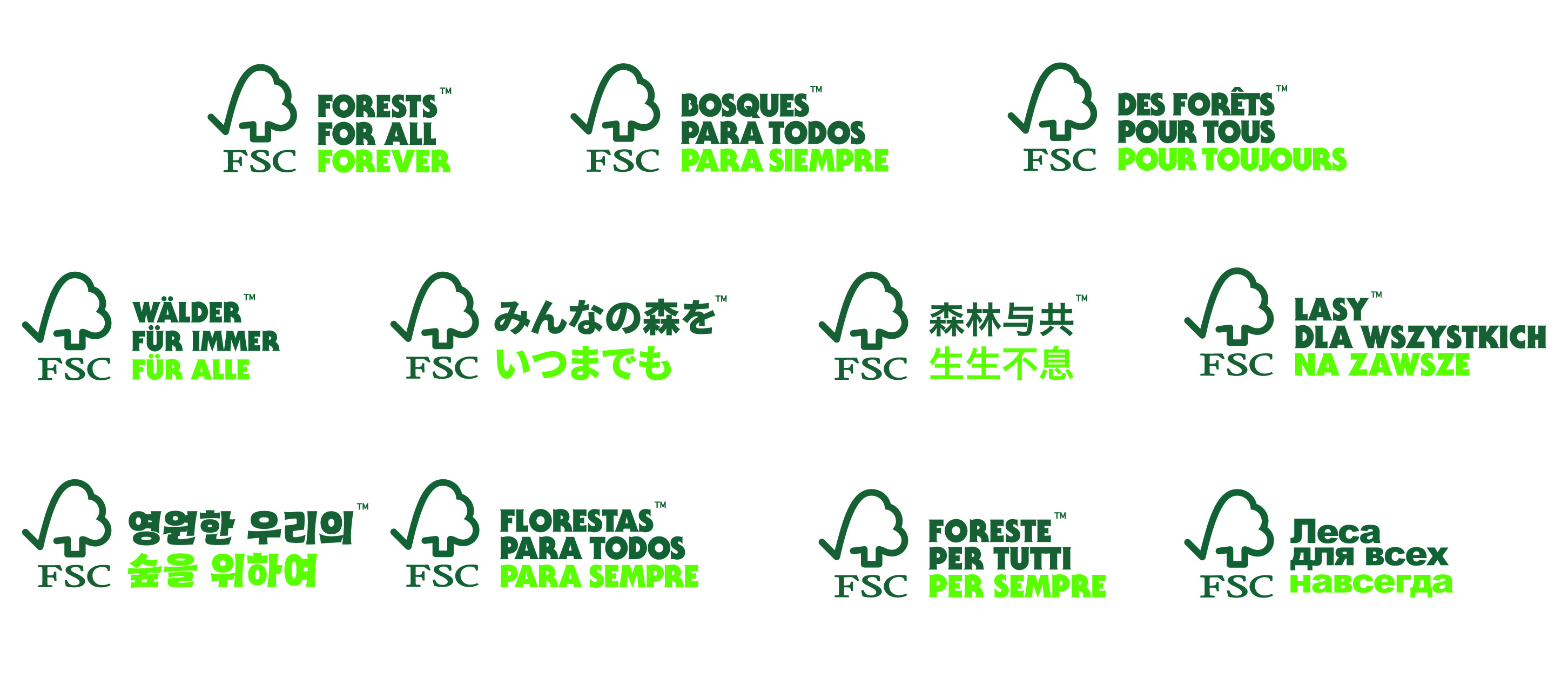 Variations of the FSC text-only brandmark in different languages