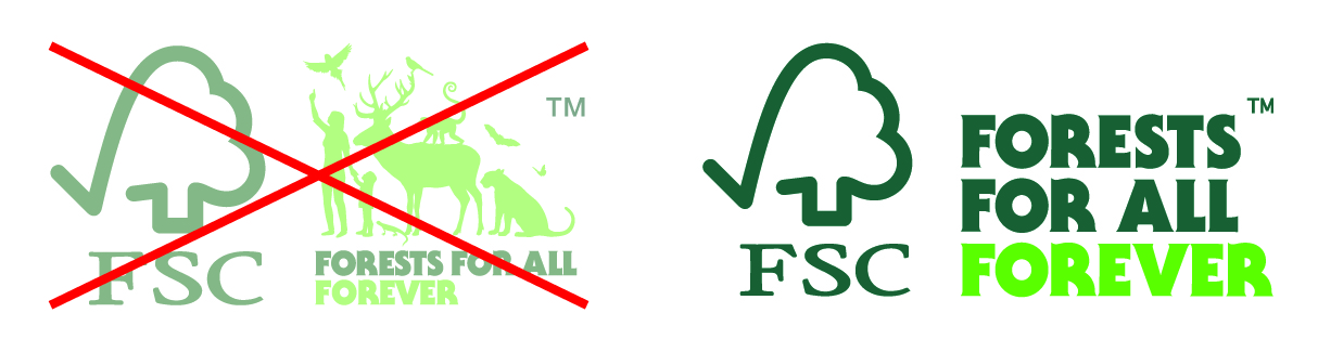 The old FSC logo with animals faded and crossed out, next to the new text only FSC logo