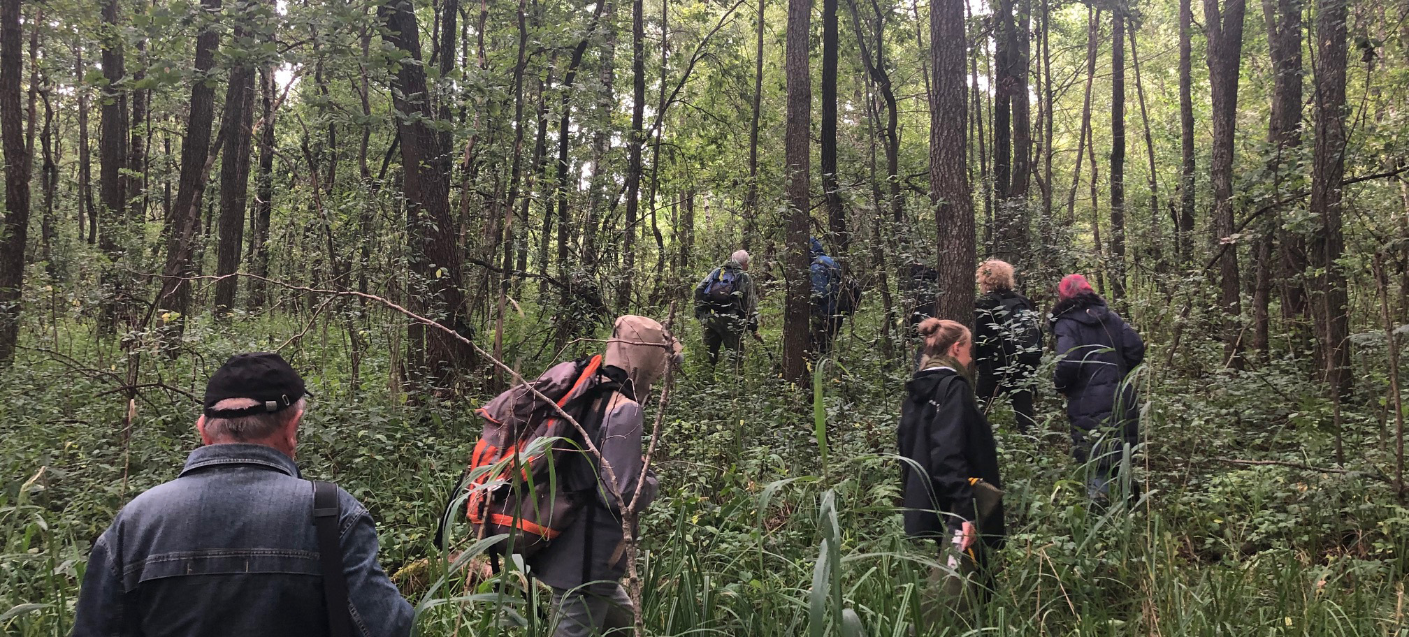 students in forest walking through trees with backpacks 