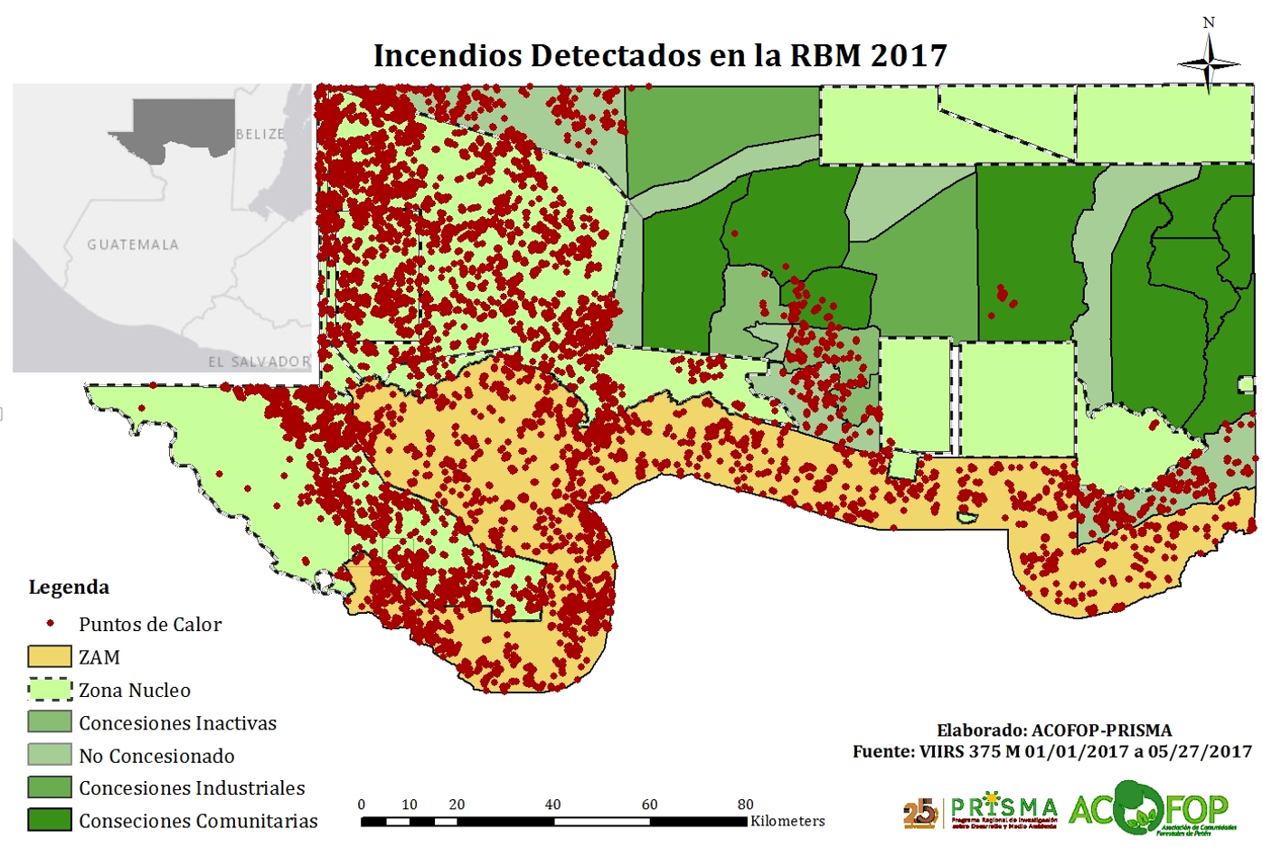 Graph that shows fires detected in MBR in 2017, where red areas are hot spots.
