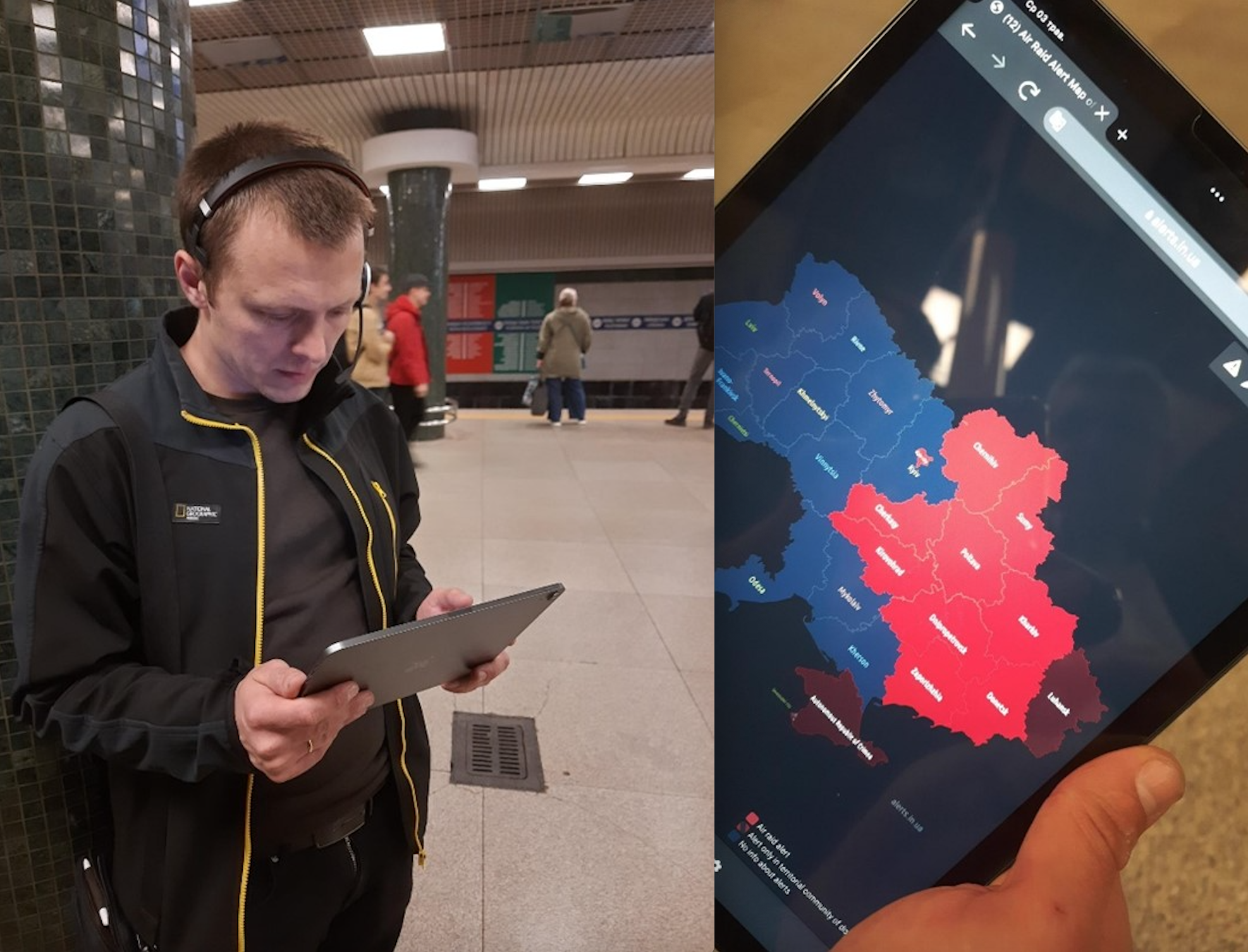 evhenii Khan working during air raid alarm / Online map of air raid alarm