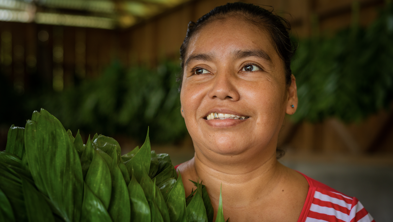 Woman smiling holding xate leaves