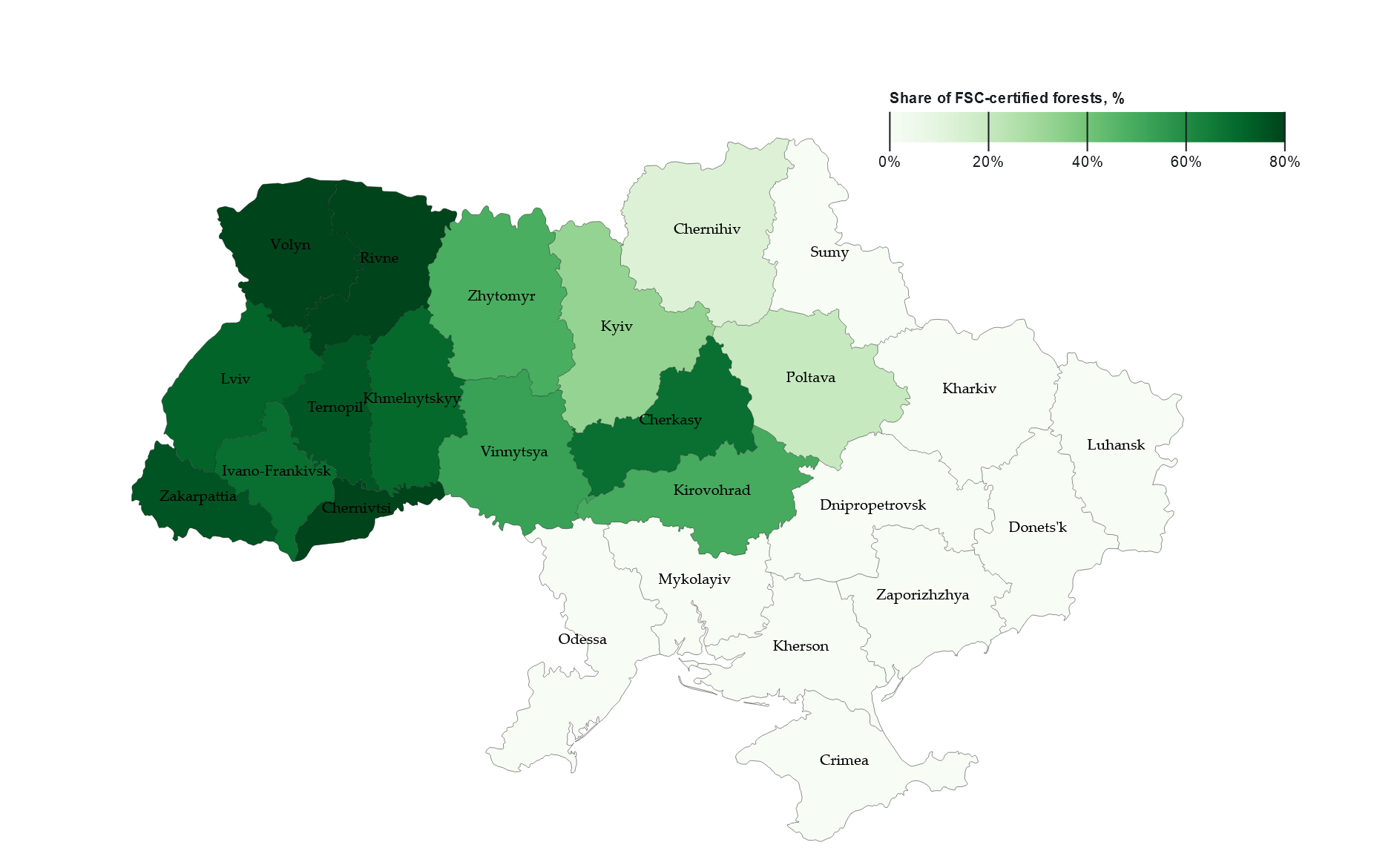 A map of FSC-certified areas in Ukraine