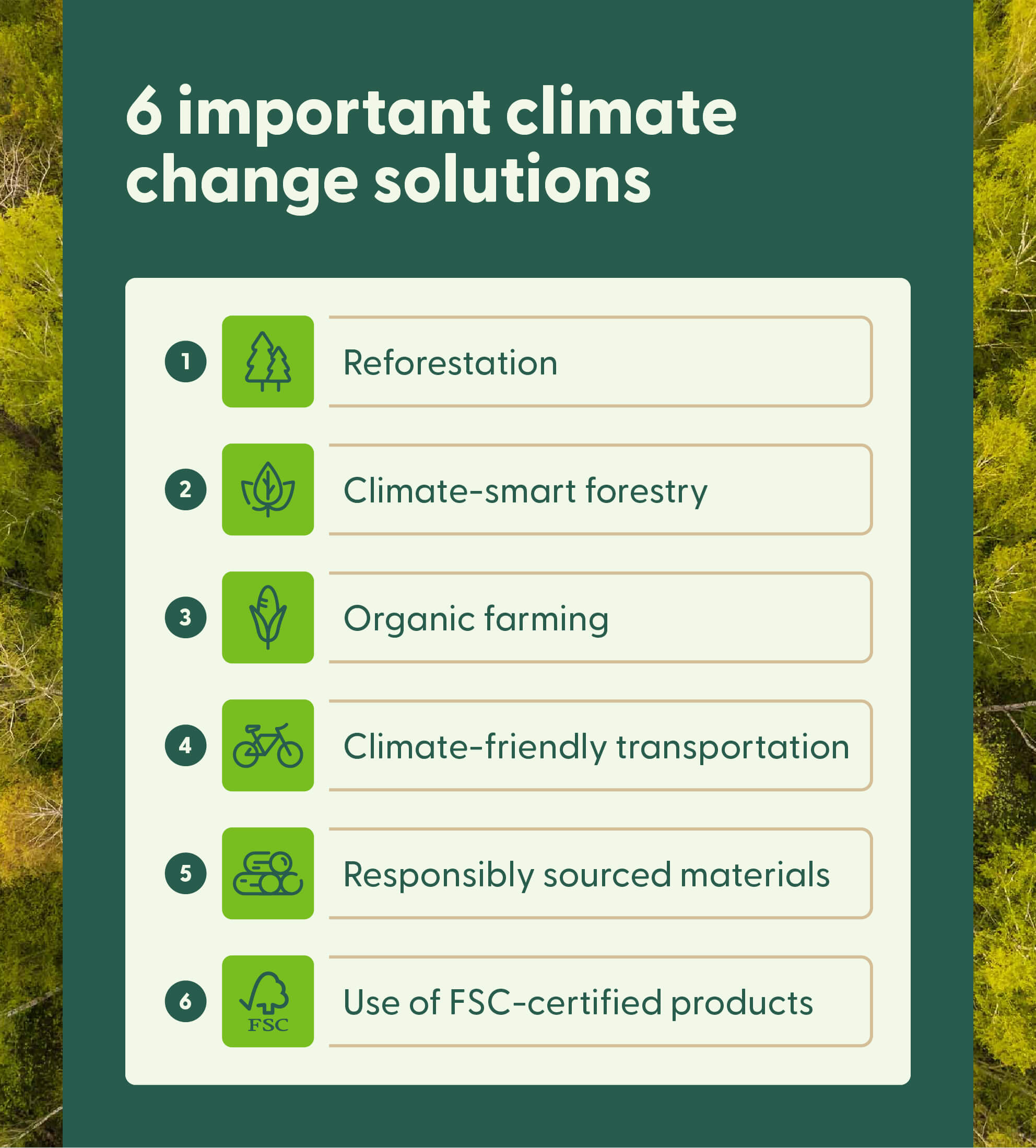 An image showing 6 important solutions to climate change.