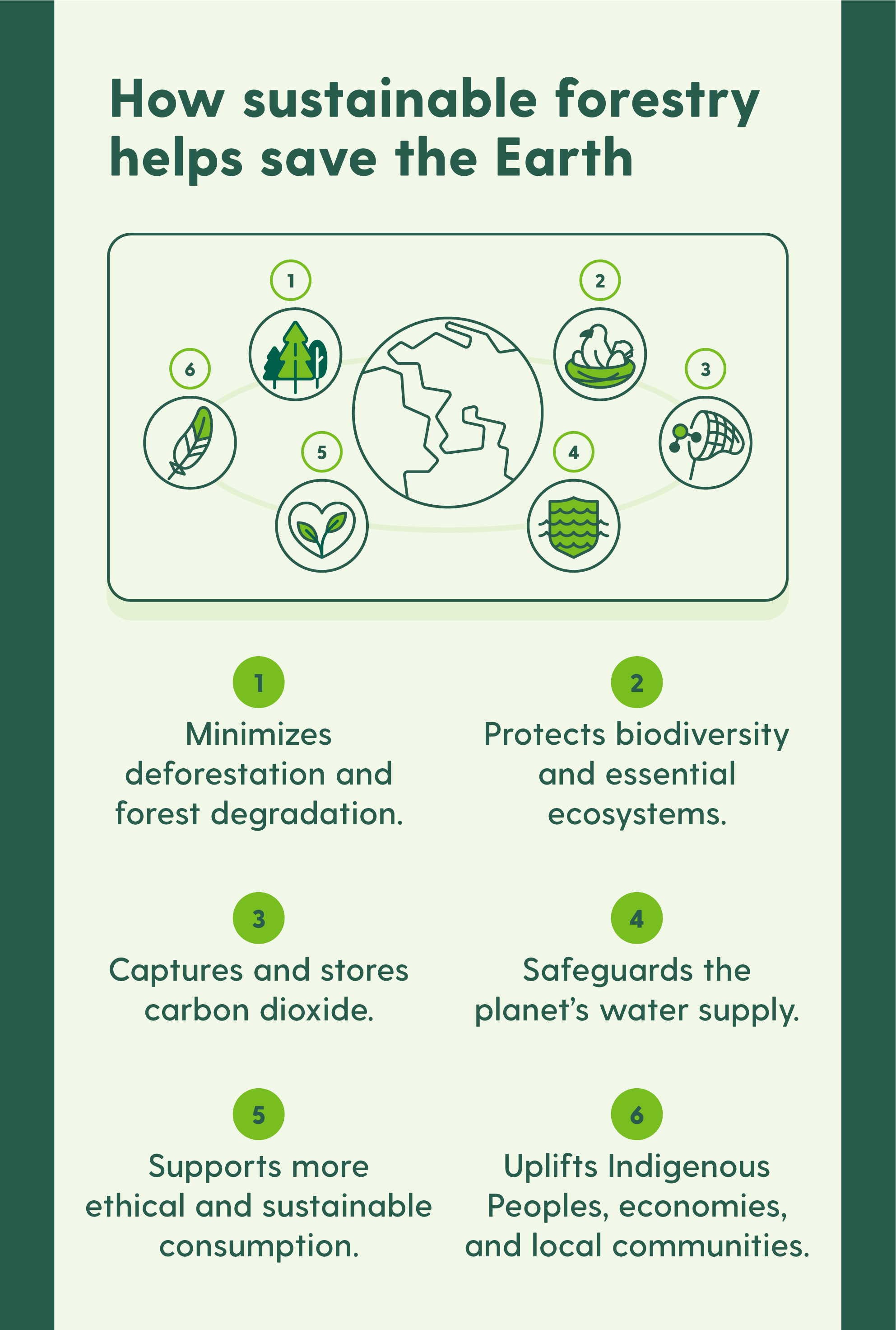 A graphic highlights six key ways sustainable forestry can help save the Earth.