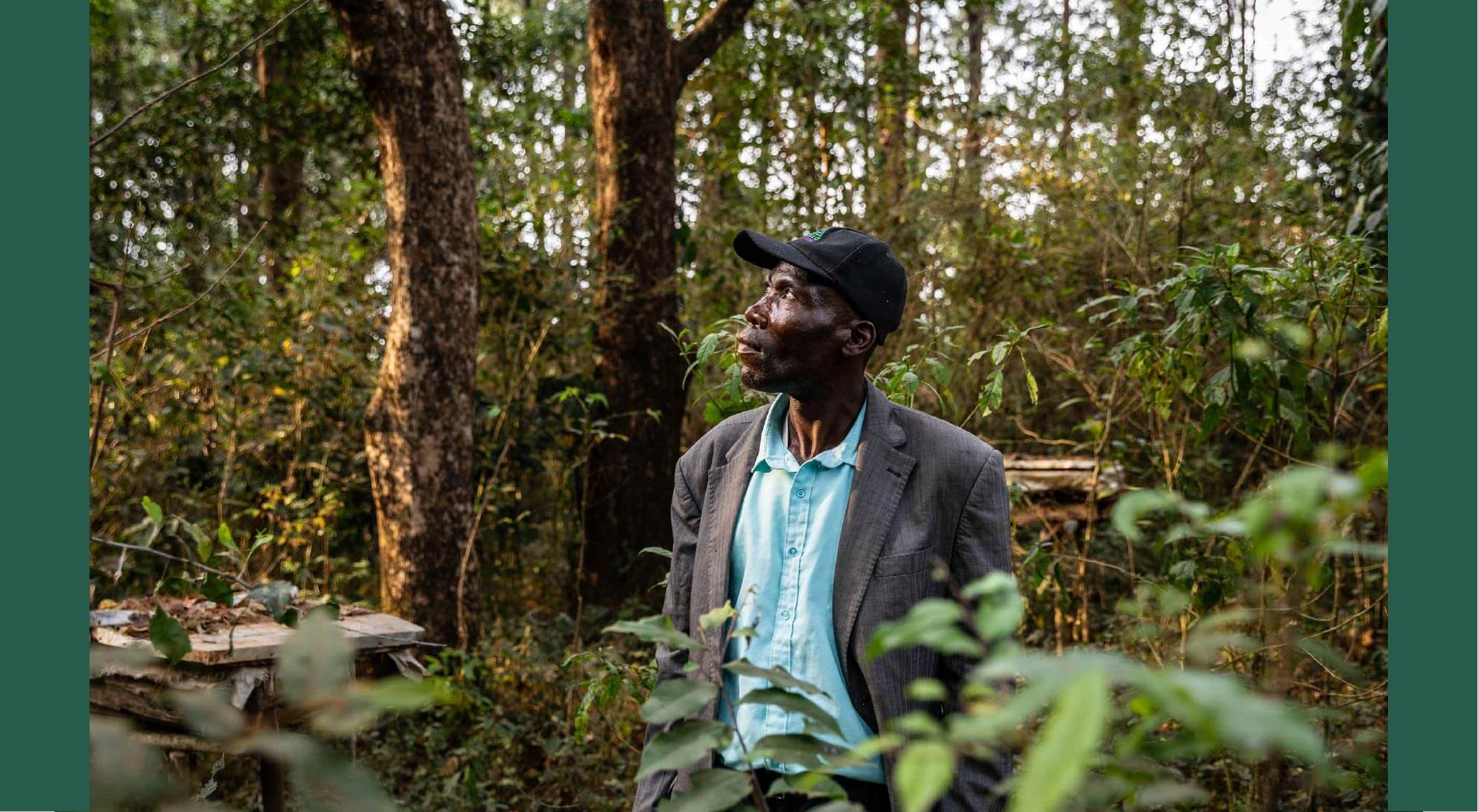 Man stands in a forest in Kenya while admiring the surrounding landscape. 