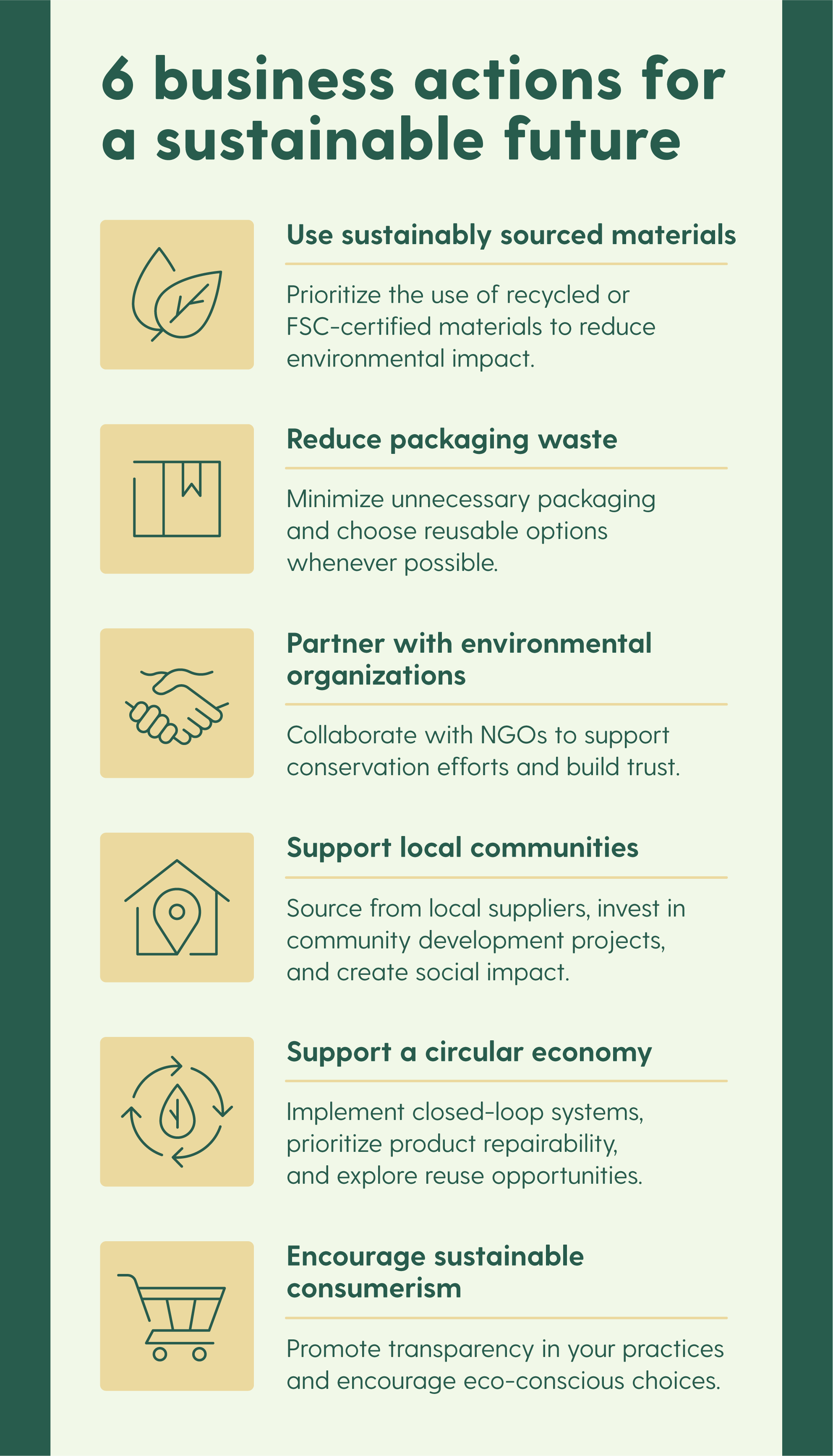 A graphic highlights six ways businesses can help the environment and support a more sustainable future. 