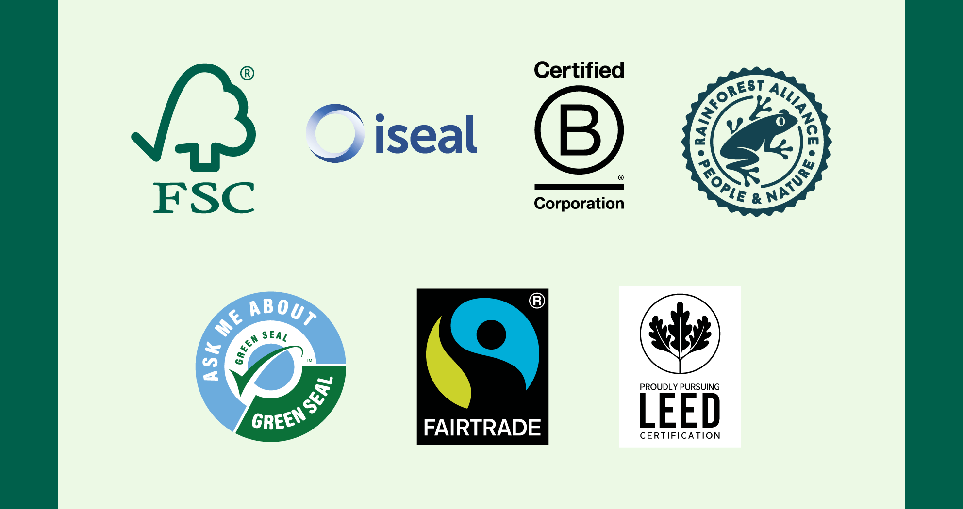 Seven images of different types of sustainability certifications are shown next to each other. 