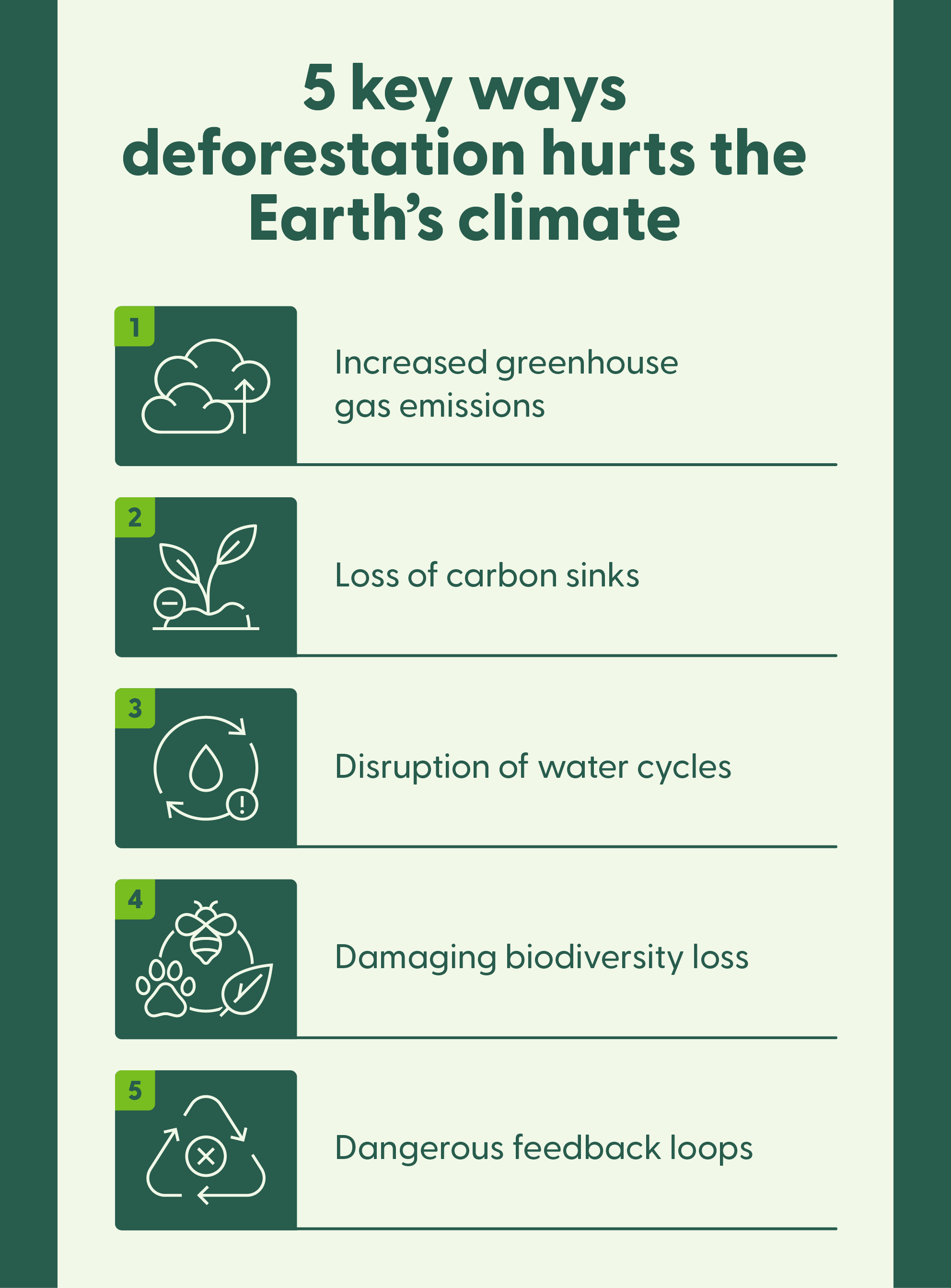 A graphic outlines five key ways deforestation affects climate change