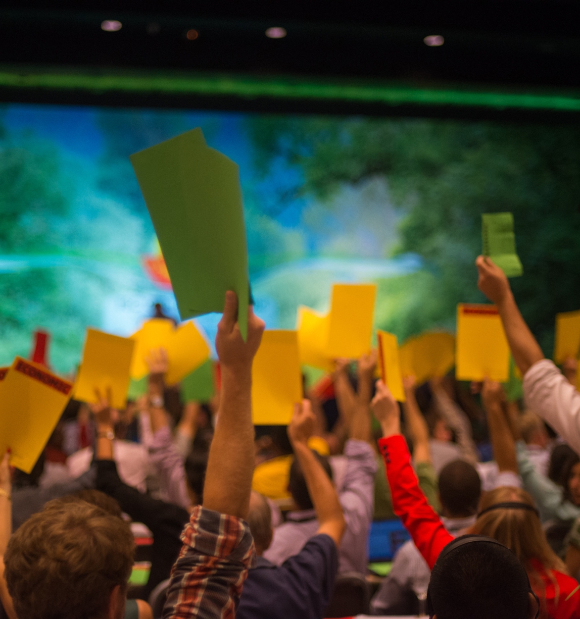 Crowd of people holding green, yellow or red pages in the air 