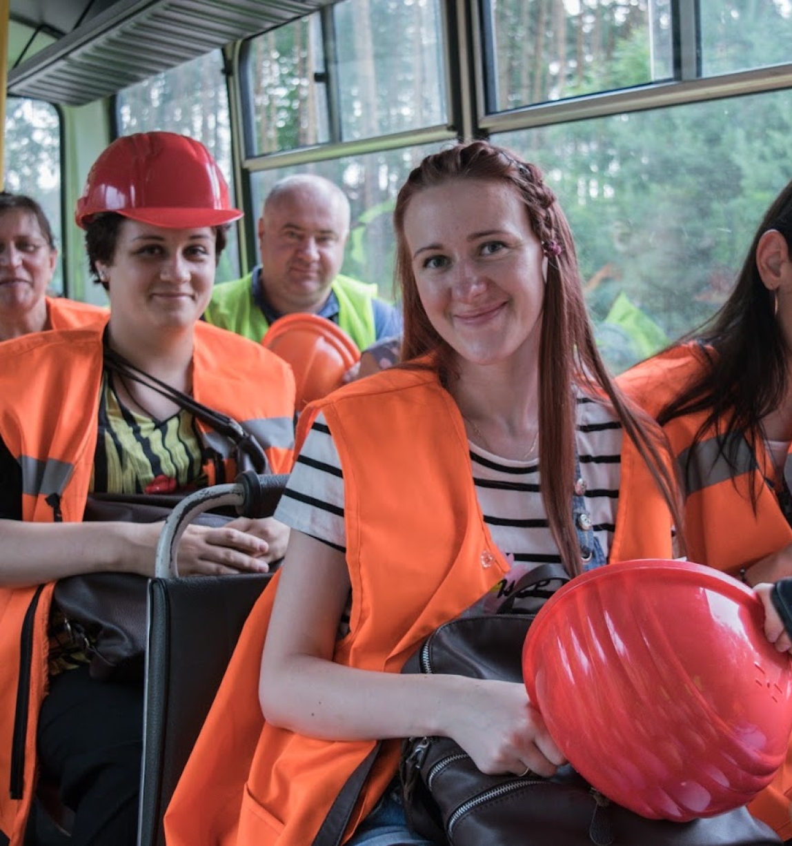 Ukrainian forest workers on bus headed to work