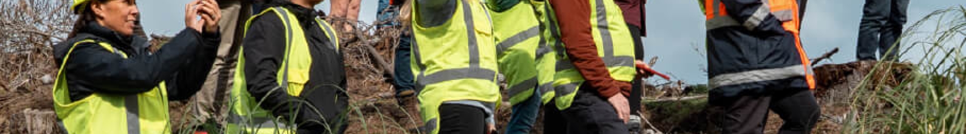 A group of people in hard hats and neon vests survey a landscape from atop a grassy hill.
