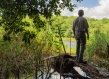 A person faces away from the camera and observes a marshlike waterway from atop a fallen log.
