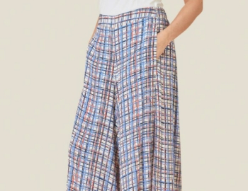 Woman modeling multicolored print Pamel trousers