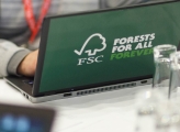 Person working on a laptop with a FSC sticker